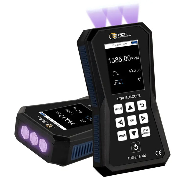 Medidor de revoluciones UV 3 LED UVA alta potencia, intensidad destello de 317 µW/cm2 PCE-LES 103UV-385