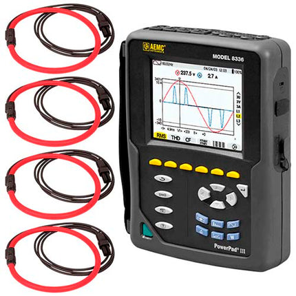 AEMC 8336 - Analizador trifásico de calidad de la energía PowerPad III con 4 sensores AmpFlex 193-24-BK de 100 mA a 10,000 A