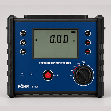 Medidor digital de resistencia de tierra de cuatro líneas FÖHR ET-100 Telurometro con precisión del 2% y rango de medición de 0 a 600 V.