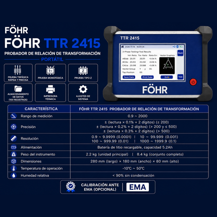 FÖHR TTR 2415 Probador portátil de relación de espiras de transformador trifásico con punto neutro y función de impresión térmica.