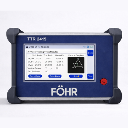 FÖHR TTR 2415 Probador portátil de relación de espiras de transformador trifásico con punto neutro y función de impresión térmica.