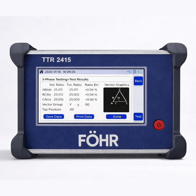 FÖHR TTR 2415 Probador portátil de relación de espiras de transformador trifásico con punto neutro y función de impresión térmica.