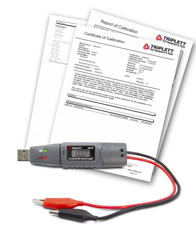 Registrador de datos USB de corriente CC de 4 a 20 mA con certificado de trazabilidad según NIST