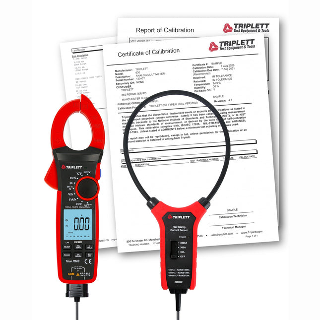 Pinza CA/CC TRMS CM3000 de 1000 A con pinza flexible CA de 3000 A con certificado de trazabilidad según N.I.S.T.