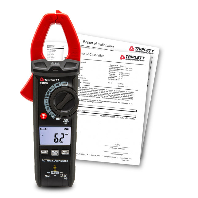Pinza amperimétrica de CA de verdadero valor eficaz CM400 de 400 A con certificado de trazabilidad según N.I.S.T.