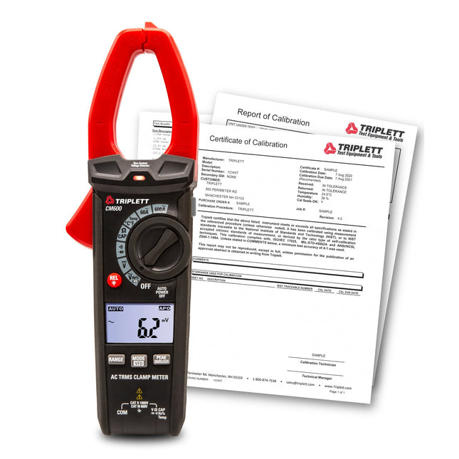 Pinza amperimétrica de CA de verdadero valor eficaz CM600 de 600 A con certificado de trazabilidad según N.I.S.T.