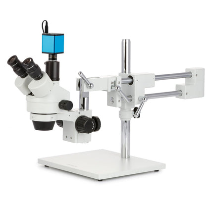 AmScope SM-4 Series Zoom Trinocular Stereo Microscope with Auto Focus Camera on Double Arm Boom Stand