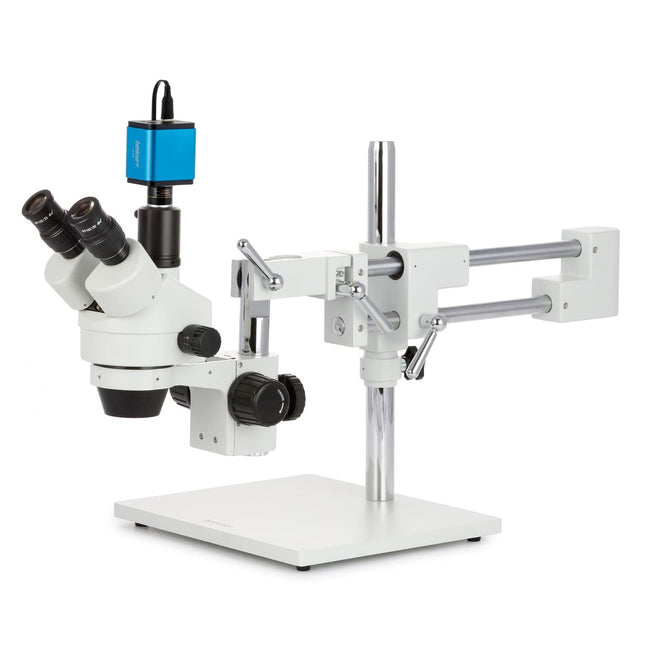AmScope SM-4 Series Zoom Trinocular Stereo Microscope with Auto Focus Camera on Double Arm Boom Stand