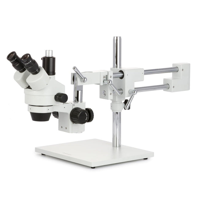 AmScope SM-4 Series Zoom Trinocular Stereo Microscope with Auto Focus Camera on Double Arm Boom Stand