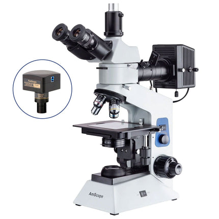 AmScope ME580 Series Compact Trinocular Metallurgical Compound Microscope Dual Illumination Polarized Light w/Optional Digital Camera
