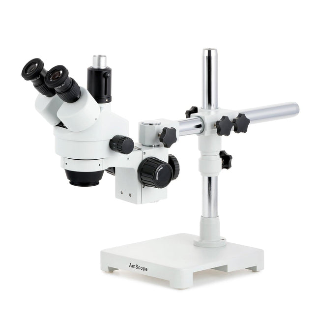 AmScope SM-3 Series Zoom Trinocular Stereo Microscope with Optional Digital Camera on Single Arm Boom Stand