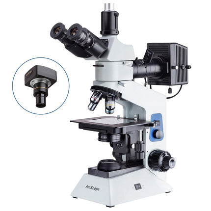 AmScope ME580 Series Compact Trinocular Metallurgical Compound Microscope Dual Illumination Polarized Light w/Optional Digital Camera