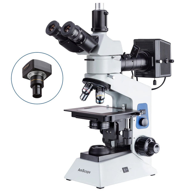 AmScope ME580 Series Compact Trinocular Metallurgical Compound Microscope Dual Illumination Polarized Light w/Optional Digital Camera