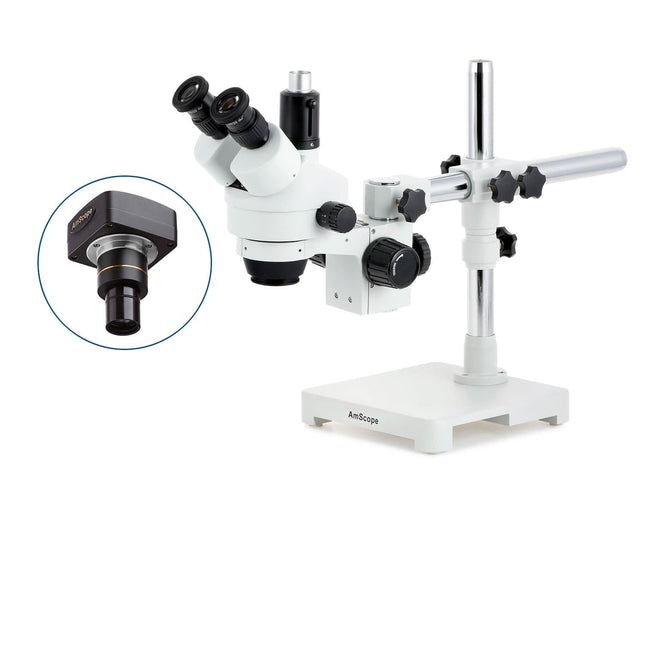 AmScope SM-3 Series Zoom Trinocular Stereo Microscope with Optional Digital Camera on Single Arm Boom Stand