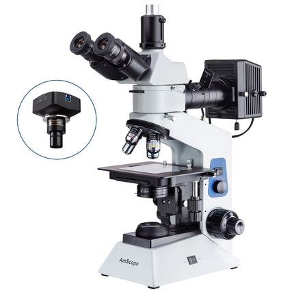 AmScope ME580 Series Compact Trinocular Metallurgical Compound Microscope Dual Illumination Polarized Light w/Optional Digital Camera