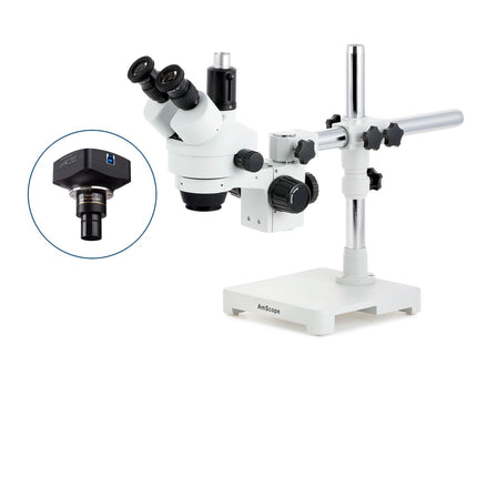 AmScope SM-3 Series Zoom Trinocular Stereo Microscope with Optional Digital Camera on Single Arm Boom Stand