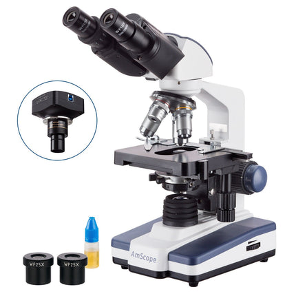 AmScope B120 Series Student & Professional LED Binocular Compound Microscope w/Siedentopf Head, 3D Mechanical Stage & Optional Digital Camera