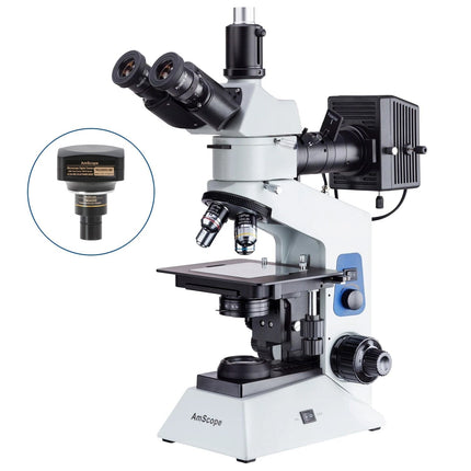 AmScope ME580 Series Compact Trinocular Metallurgical Compound Microscope Dual Illumination Polarized Light w/Optional Digital Camera