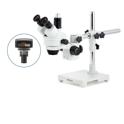 AmScope SM-3 Series Zoom Trinocular Stereo Microscope with Optional Digital Camera on Single Arm Boom Stand
