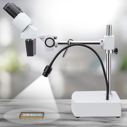 AmScope SE400 Series Compact Fixed-Lens Binocular Stereo Microscope 10X Magnification on Boom-Arm Stand with Reverse Angled Head and Gooseneck LED Light