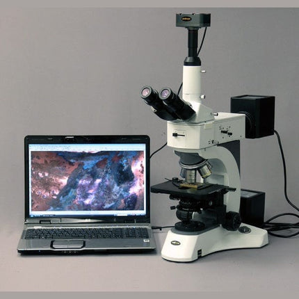 AmScope ME520 Series Infinity-Corrected Darkfield Metallurgical Trinocular Compound Microscope with Polarization and Optional Digital Camera