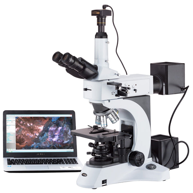 AmScope ME520 Series Infinity-Corrected Darkfield Metallurgical Trinocular Compound Microscope with Polarization and Optional Digital Camera