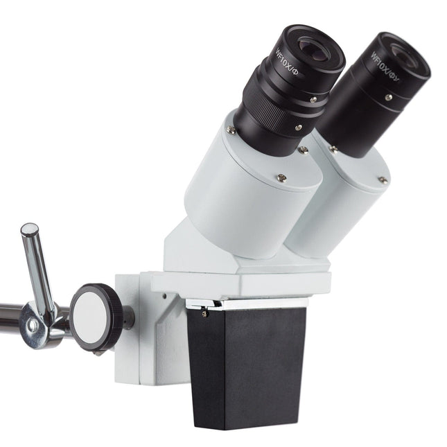 AmScope SE400 Series Compact Fixed-Lens Binocular Stereo Microscope 10X Magnification on Boom-Arm Stand with Reverse Angled Head and Gooseneck LED Light