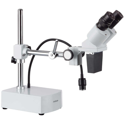AmScope SE400 Series Compact Fixed-Lens Binocular Stereo Microscope 10X Magnification on Boom-Arm Stand with Reverse Angled Head and Gooseneck LED Light