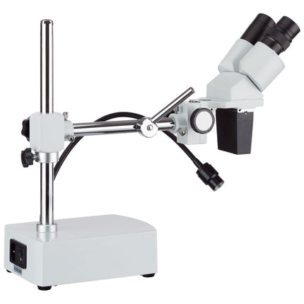 AmScope SE400 Series Compact Fixed-Lens Binocular Stereo Microscope 10X Magnification on Boom-Arm Stand with Reverse Angled Head and Gooseneck LED Light