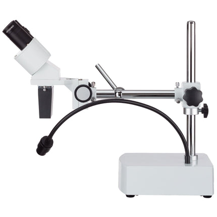AmScope SE400 Series Compact Fixed-Lens Binocular Stereo Microscope 10X Magnification on Boom-Arm Stand with Reverse Angled Head and Gooseneck LED Light