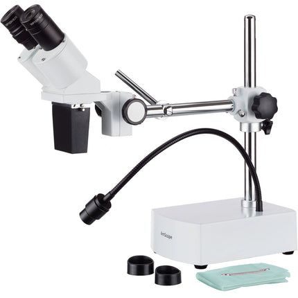 AmScope SE400 Series Compact Fixed-Lens Binocular Stereo Microscope 10X Magnification on Boom-Arm Stand with Reverse Angled Head and Gooseneck LED Light