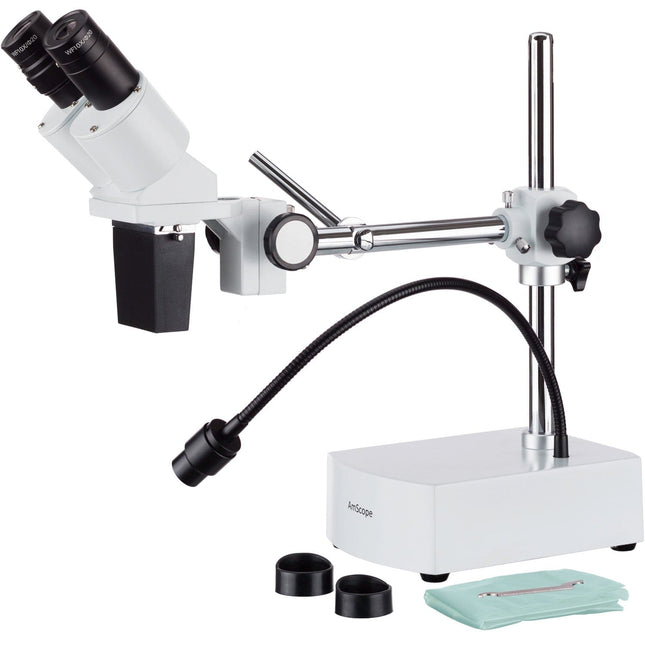 AmScope SE400 Series Compact Fixed-Lens Binocular Stereo Microscope 10X Magnification on Boom-Arm Stand with Reverse Angled Head and Gooseneck LED Light