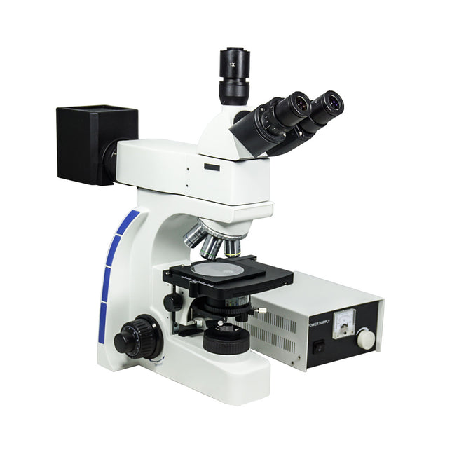 100X-800X Metallurgical Microscope, Trinocular, Dual Halogen Light, Bright Field + Polarizing Kit