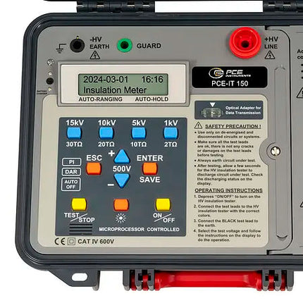 Medidor de Aislamiento PCE-IT 150 Portátil con Pantalla LCD y Memoria Interna