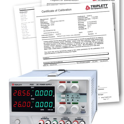 Fuente de alimentación de CC de triple canal PS325 con certificado de trazabilidad según N.I.S.T.