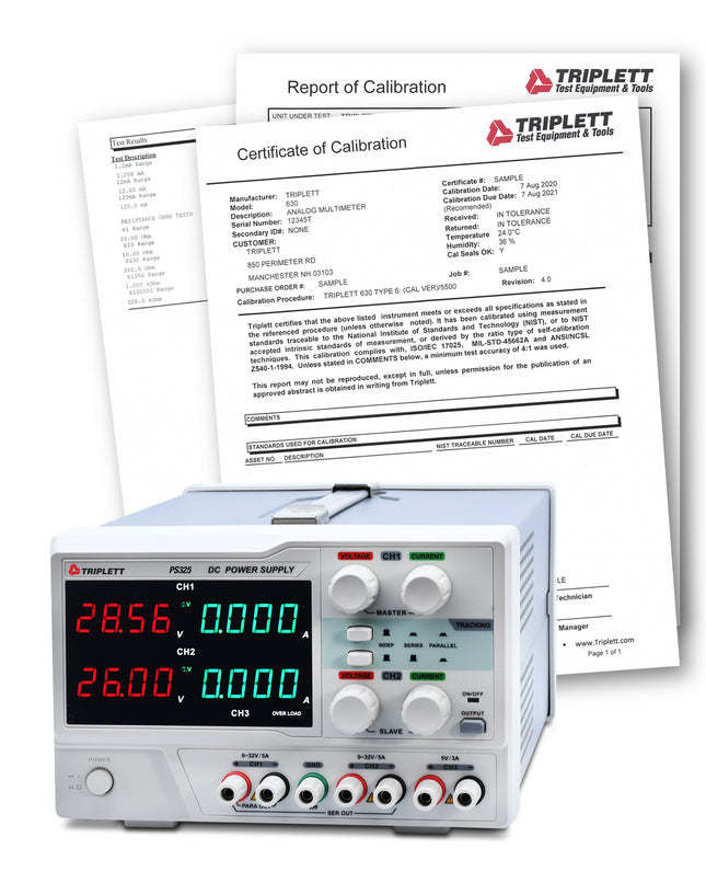 Fuente de alimentación de CC de triple canal PS325 con certificado de trazabilidad según N.I.S.T.