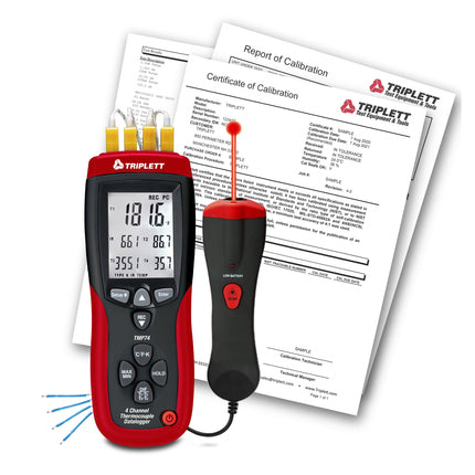 Registrador de datos de termopar de 4 canales más termómetro IR con certificado de trazabilidad al NIST