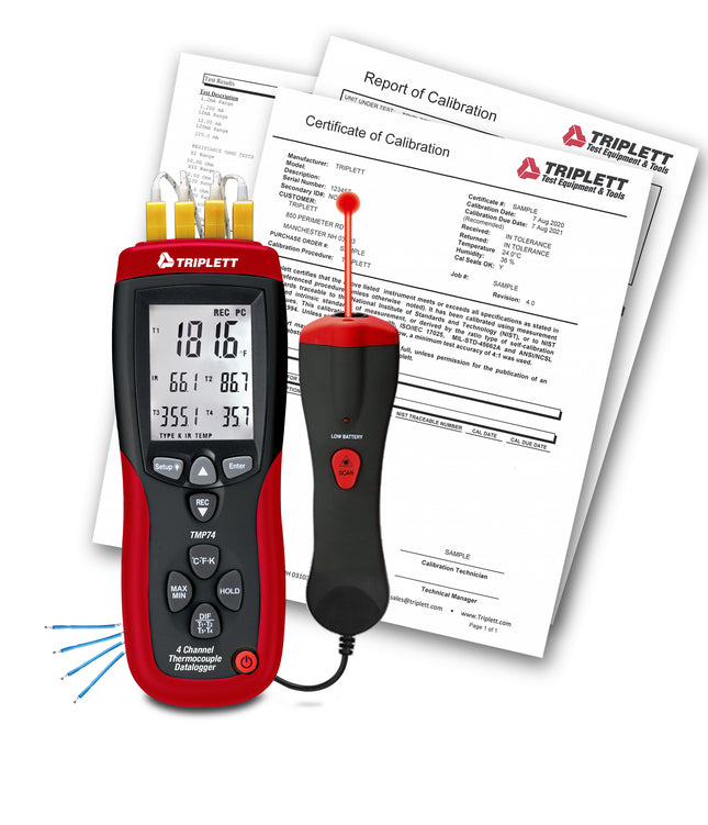 Registrador de datos de termopar de 4 canales más termómetro IR con certificado de trazabilidad al NIST